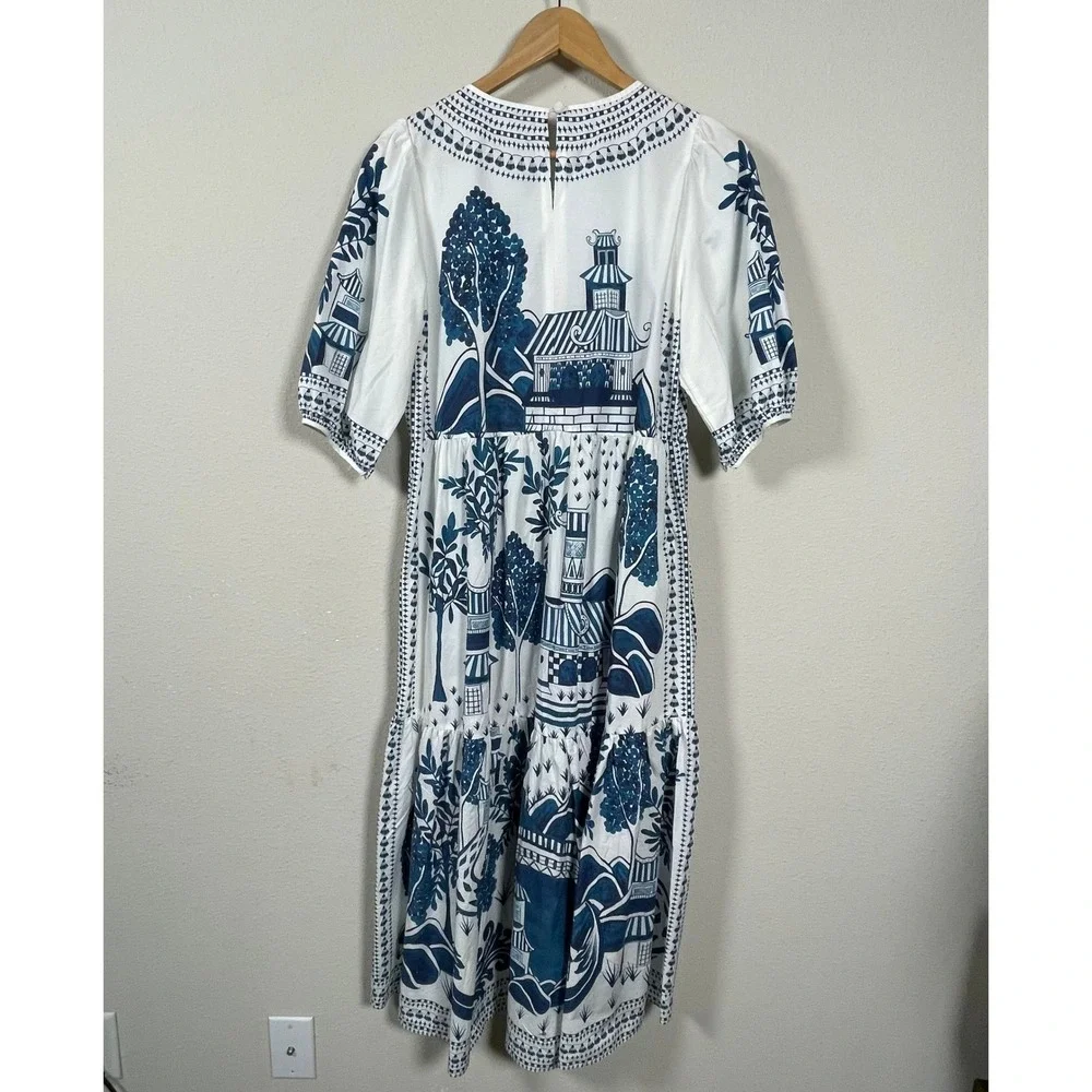 Farm Rio Resort Boho Chinoiserie Midi Dress Women Size M Puff Sleeve Tiered - Picture 7 of 10